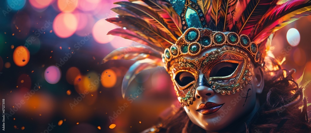 an elegant costume mask with feathers on a background. carnival concept