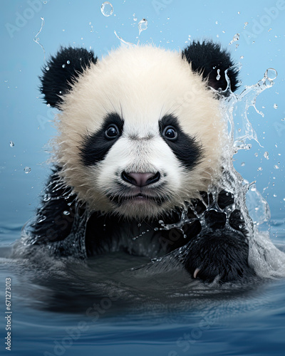 A cute little panda with water splashes
