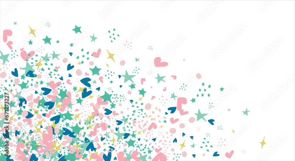 confetti, hearts, stars pink for promotions and events. For card, banner, poster, flyer, and web. Vector illustration.