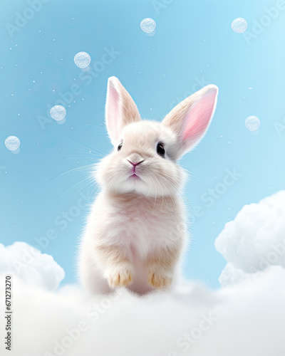 A cute little bunny on fluffy clouds surrounded by bubble