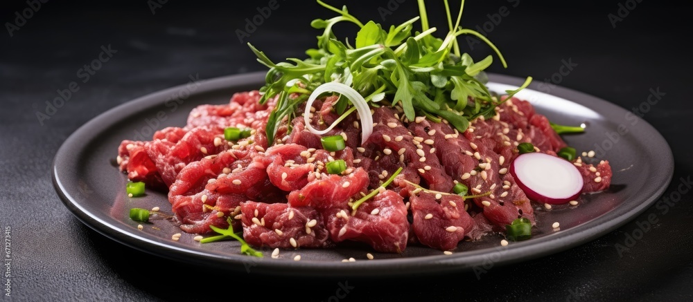 A salad made with raw beef minced beef herbs and a spicy dressing A salad made with raw beef minced beef herbs and a spicy dressing