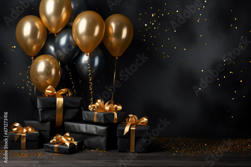 Birthday card with dark and gold balloons and gifts on dark grunge background