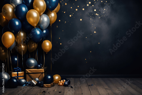 Birthday card with dark and gold balloons and gifts on dark grunge background