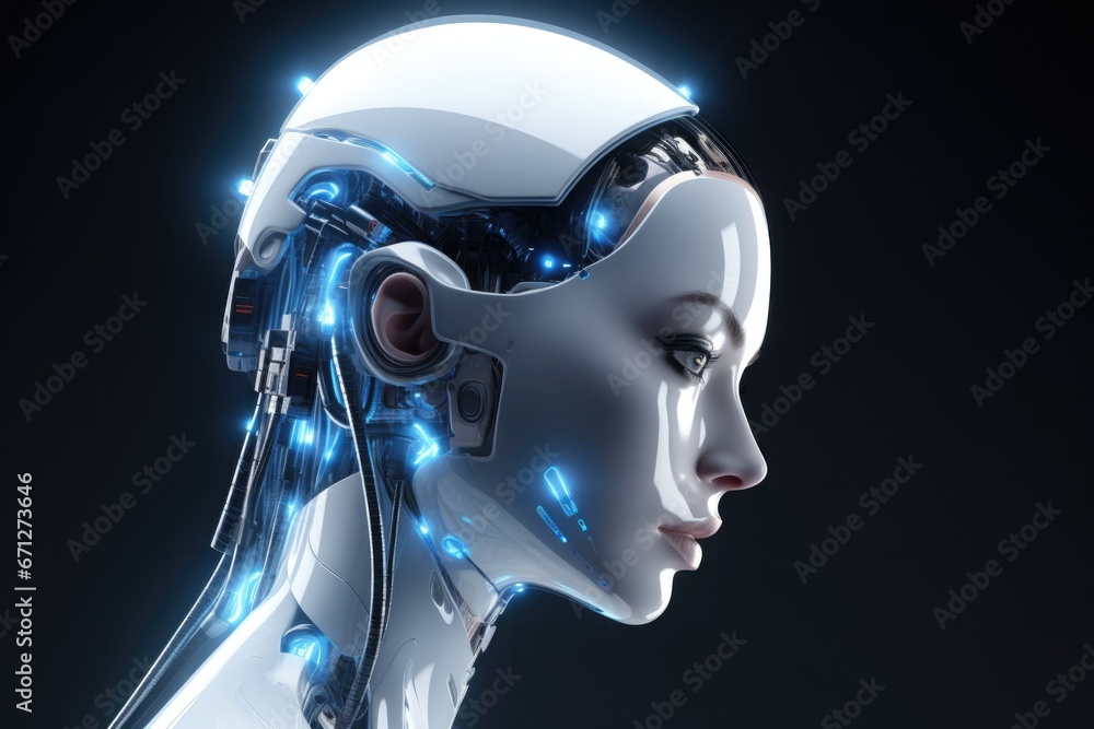 A robot human-like work, head robot on the dark background A robot human-like work, head robot on the dark background