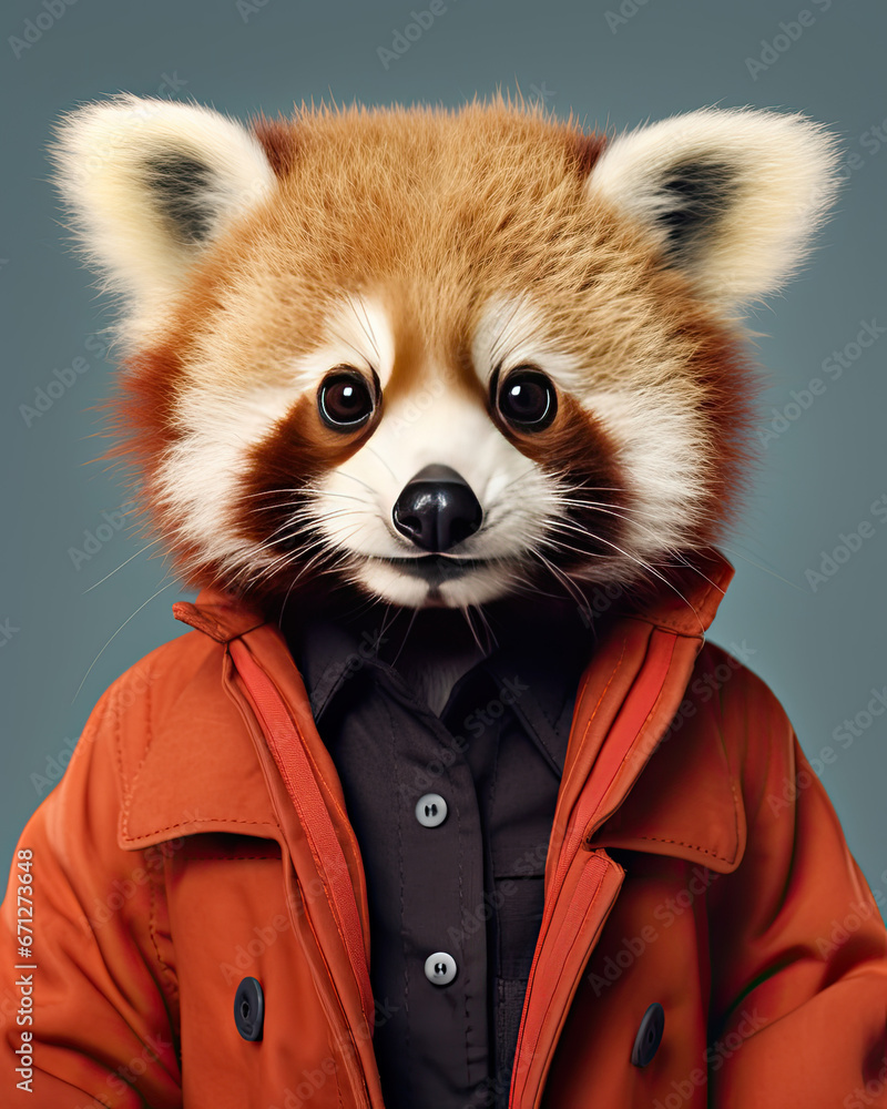 A cute little red panda wearing a red jacket
