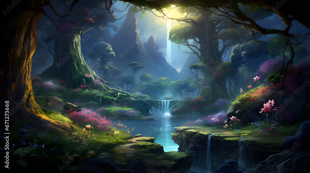 Enchanted Waterfall in the Dreamlike Forest