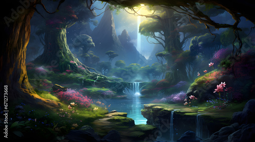 Enchanted Waterfall in the Dreamlike Forest