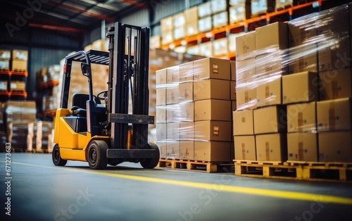 A forklift loads pallets and boxes in a warehouse © piai