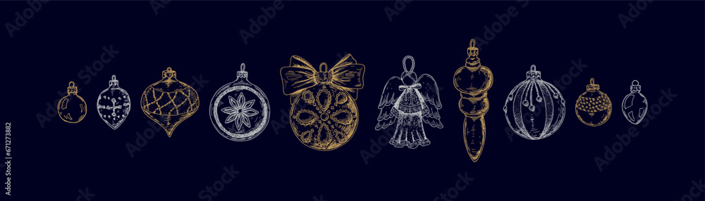 Set of luxury golden and silver Christmas tree balls in sketch style. Handdrawn Merry Christmas snd Happy New Year decoration. Design for greeting cards, certificates, holiday invitations Set of luxury golden and silver Christmas tree balls in sketch style. Handdrawn Merry Christmas snd Happy New Year decoration. Design for greeting cards, certificates, holiday invitations