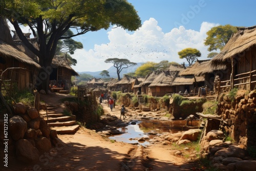 traditional village with thatched-roof huts and people dressed in colorful tribal attire