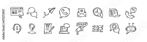 Doodle contact us icons set. Sketch customer support service, communication, help desk, information and client review symbols. Hand drawn cell phone, mail, emal, fax, location, web page  llustartion