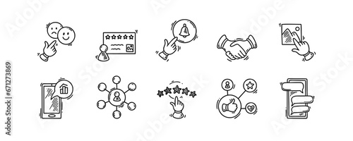 Doodle customer review and testimonial icons. Positive and negative experience feedback. Five star rating. Notifications on. Follow in social media. Subscribe to the newsletter