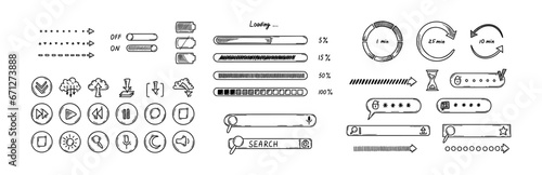 Doodle interface design elements. Click icons collection. Sketch loading bars, search boxes, on off switch, password window, battery charger level