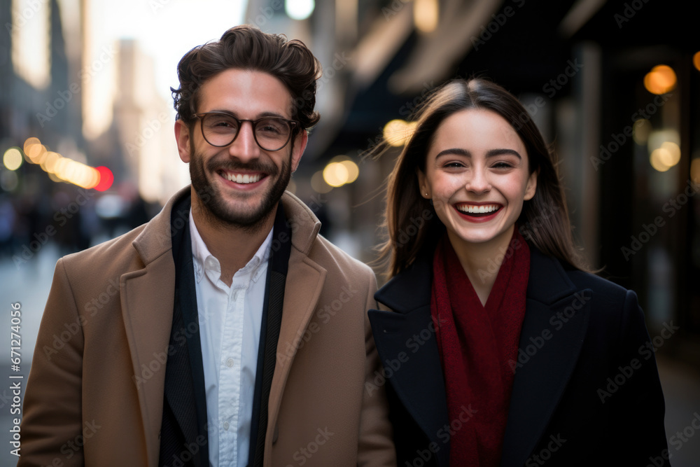 Pretty smiling couple of man and woman on a city street Pretty smiling couple of man and woman on a city street