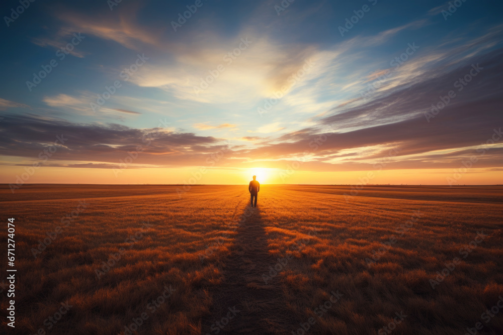 A solitary traveler fading into the twilight of the field, embracing the sunset, like a hero of boundless expanses - obrazy, fototapety, plakaty 