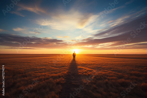 A solitary traveler fading into the twilight of the field, embracing the sunset, like a hero of boundless expanses photo