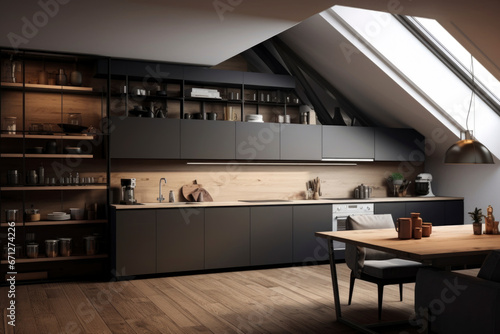 A sleek, minimalist kitchen interior made of dark wood, exuding elegance © Konstiantyn Zapylaie