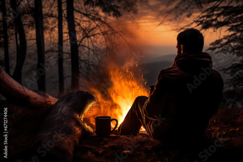 A man sitting near a burning fire in the forest at night