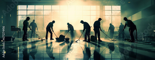 Cleanliness Concept: People cleaning a large room, symbolizing cleanliness, hygiene, and the importance of maintaining a sanitized environment photo