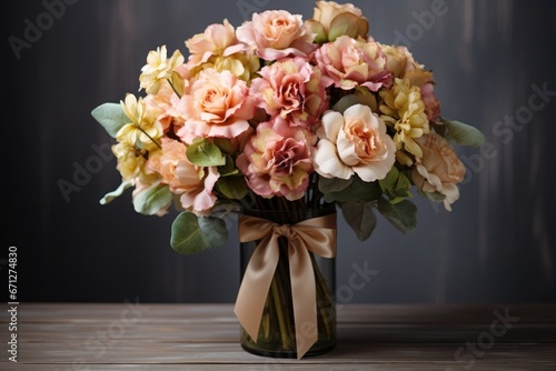 Wallpaper Mural Lush bouquet of roses in pastel colors in a glass vase with ribbon Torontodigital.ca