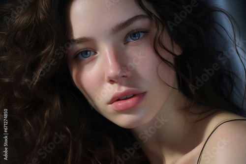 A close-up portrait of a young, attractive woman gazing directly into the camera
