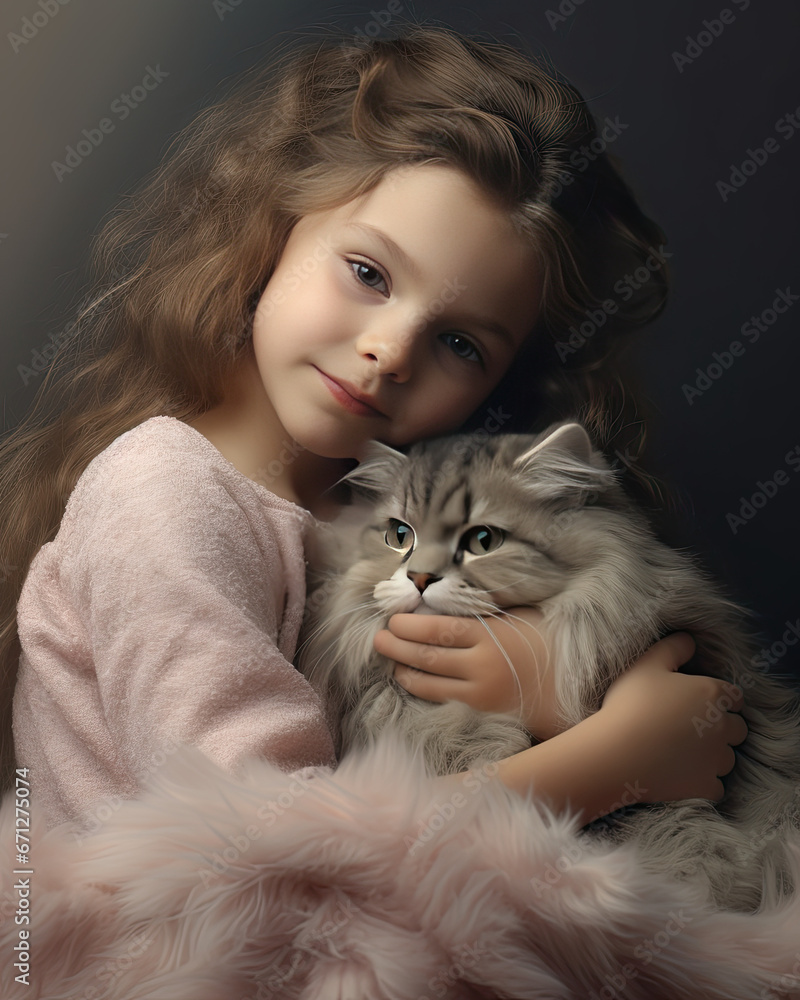 A cute little girl hugging her pet on a cosy bed A cute little girl hugging her pet on a cosy bed