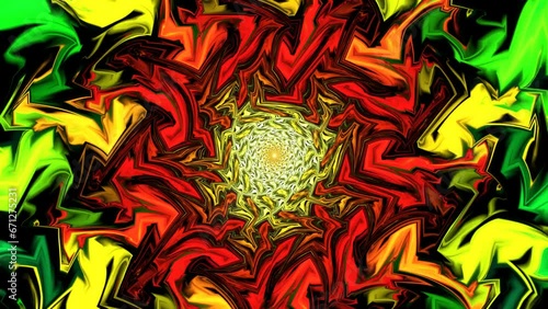 Bright green, red and yellow curved fractal particles revolving, forming fantastic tunnel, corridor, swirl on dark. Flickering, vibrating, rotating, coruscating colorful backdrop. 4K UHD 4096x2304 photo