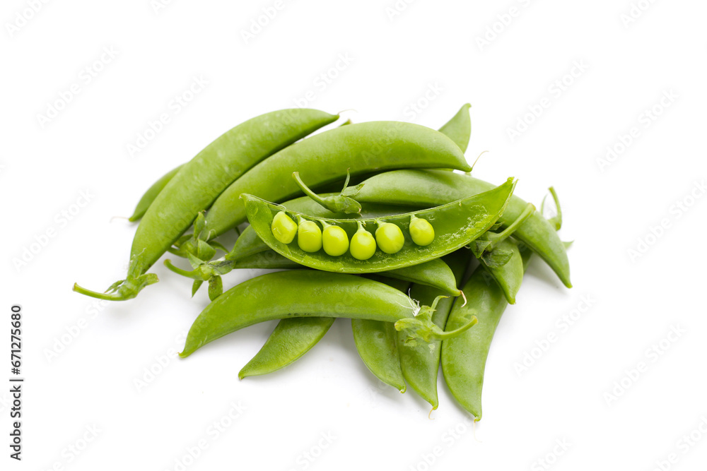 Fresh young green peas on white background. Fresh young green peas on white background.