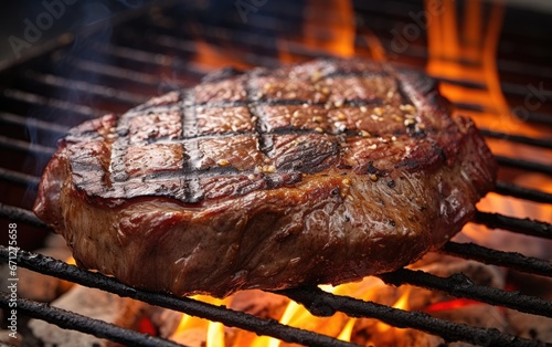 A delicious beef ribeye steak grilling on flaming grill
