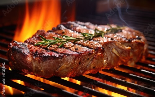 A delicious beef ribeye steak grilling on flaming grill