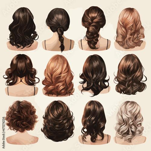 Women wigs hairstyle back icons set