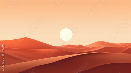 A desert landscape with sand dunes and the sun in the distance