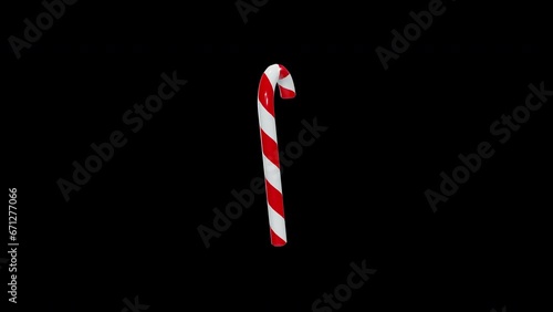 Single Isolated Red White Christmas Candy Cane Rotating Transparent Background Loop 4K
