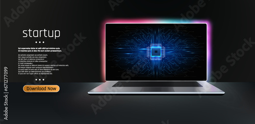 This vector illustration features a modern laptop with a futuristic circuit board design on the screen, set against a neon blue and black background. The word “startup” is prominently displayed