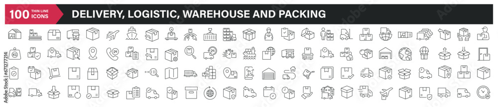 Delivery, logistic, warehouse and packing thin line icons. Editable stroke. For website marketing design, logo, app, template, ui, etc. Vector illustration. - obrazy, fototapety, plakaty 