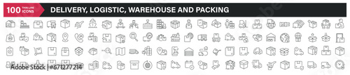 Delivery, logistic, warehouse and packing thin line icons. Editable stroke. For website marketing design, logo, app, template, ui, etc. Vector illustration.
