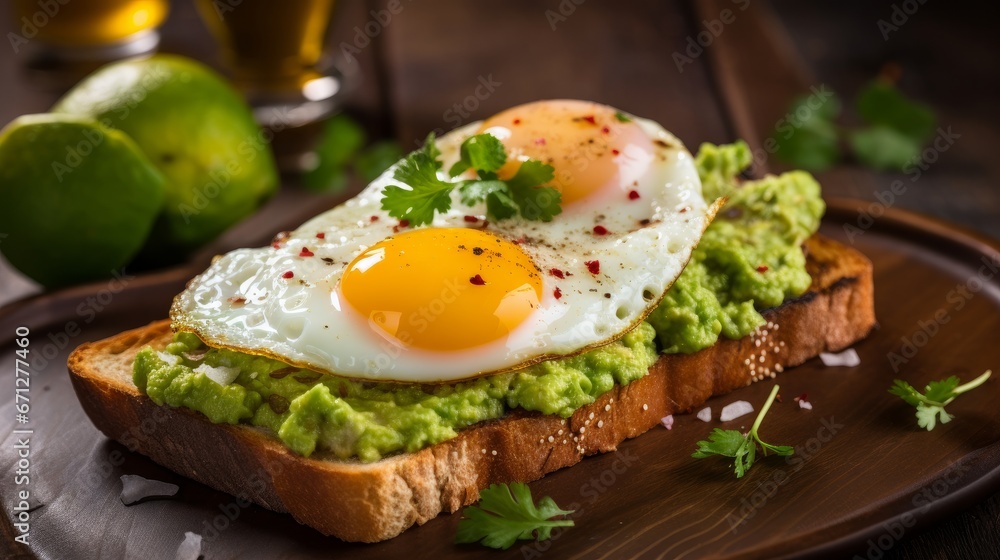 Toast with guacamole and fried egg, photo for the restaurant menu, macro photo