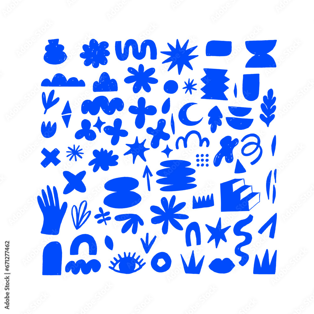 Fototapeta premium Hand drawn naive, bizarre abstract geometric shapes and forms. Modern contemporary figures, various organic shapes and doodle objects, vector graphic elements