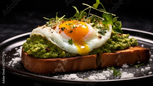 Toast with guacamole and fried egg, photo for the restaurant menu, macro photo
