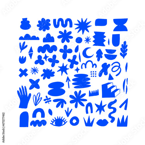 Hand drawn naive, bizarre abstract geometric shapes and forms. Modern contemporary figures, various organic shapes and doodle objects, vector graphic elements