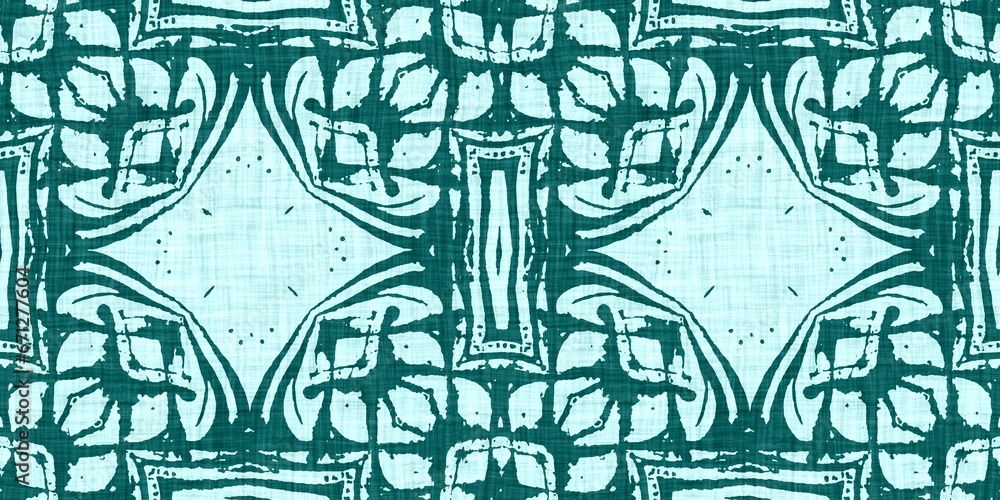 Naklejka premium Teal green white vibrant watercolor batik azulejos tile border banner background. Seamless aqua coastal blur linen effect geometric mosaic effect.Boho Patchwork nautical masculine summer ribbon trim.