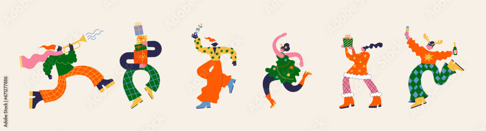 Fun Merry Christmas and Happy New Year collection of groovy, hippie bizarre disproportionate characters, wearing Santa hat and Xmas costumes, dancing, jumping and drinking champagne Fun Merry Christmas and Happy New Year collection of groovy, hippie bizarre disproportionate characters, wearing Santa hat and Xmas costumes, dancing, jumping and drinking champagne