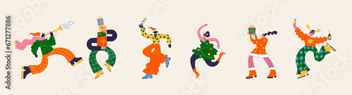 Fun Merry Christmas and Happy New Year collection of groovy, hippie bizarre disproportionate characters, wearing Santa hat and Xmas costumes, dancing, jumping and drinking champagne 
