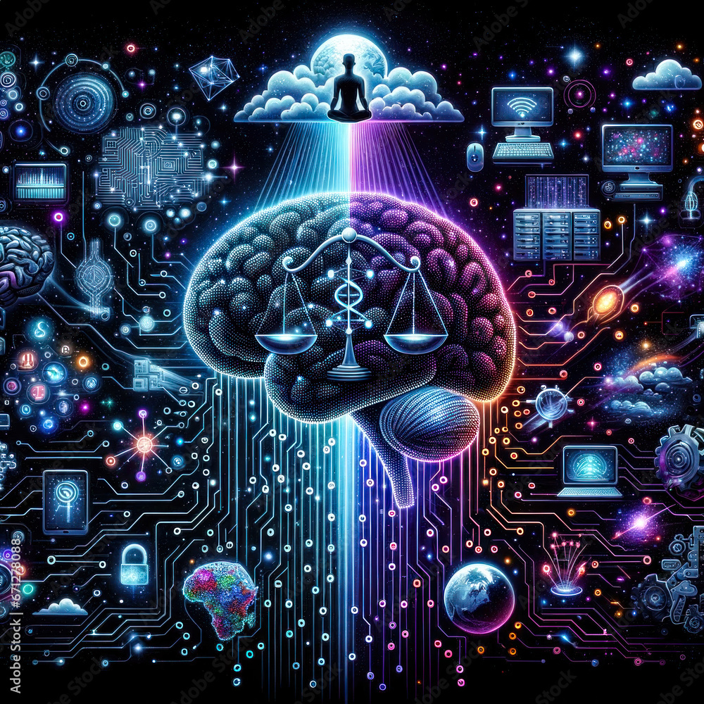 Artistic Depiction of a Digital Environment with Zeros and Ones Streaming from the Top At the Centerpiece a Human Brain Transitions into Digital Illustrations Wallpaper Digital Art Background Cover 