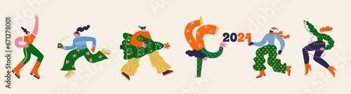 Fun Merry Christmas and Happy New Year collection of groovy, hippie bizarre disproportionate characters, wearing Santa hat and Xmas costumes, dancing, jumping and drinking champagne 