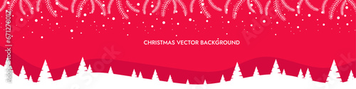 Winter Vector Christmas Background with Snowflakes, Branches, and Chrismas Tree on a Red Background