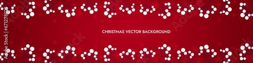 Red Winter Vector Christmas Background with Snowflakes, Branches, and Chrismas Tree. 