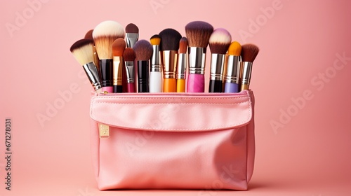 An assortment of makeup items spilling out of a stylish makeup bag on a pastel pink surface.
