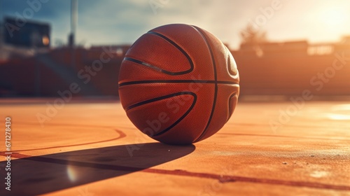 A detailed image of a basketball on a court under the afternoon sun, illustrating the excitement and competition of the game. Rendered in warm, natural tones with a high angle shot