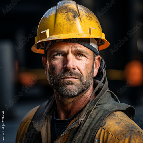 Portrait of a male construction worker with helmet looking seriously at camera on a construction site